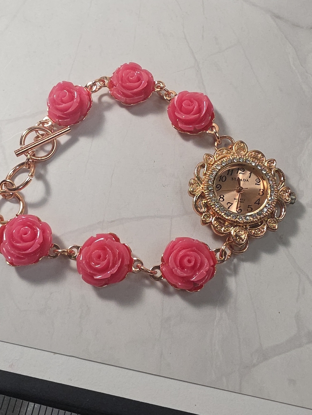 Strada Pink Rose Gold Floral Bracelet Watch